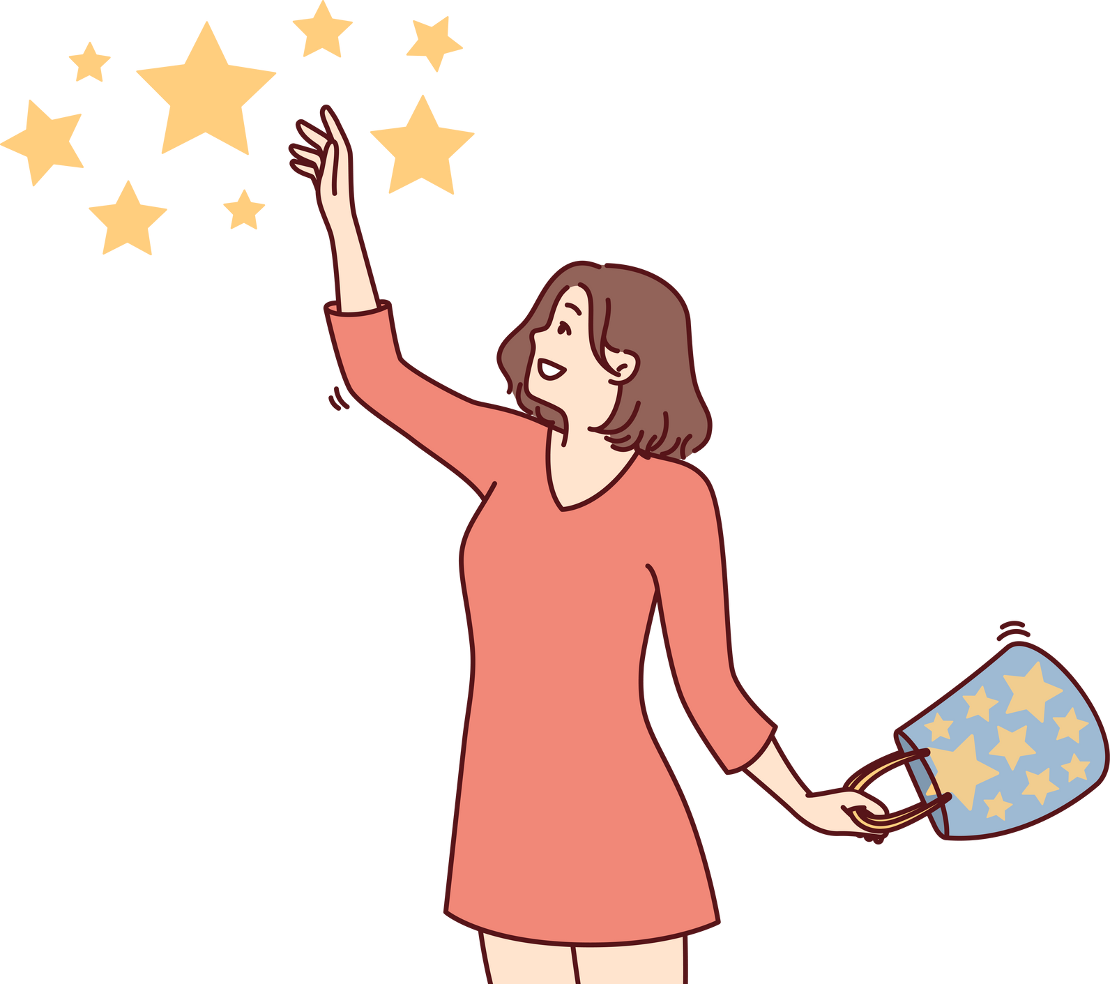 Happy woman collects stars from sky and folds bag for metaphor for finding success and good luck
